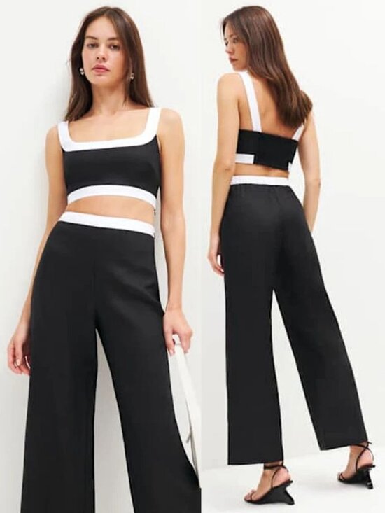 Reformation Pants - Reformation Alma‎ Set Black White Linen Two Piece Crop Top High Waisted Pants 8